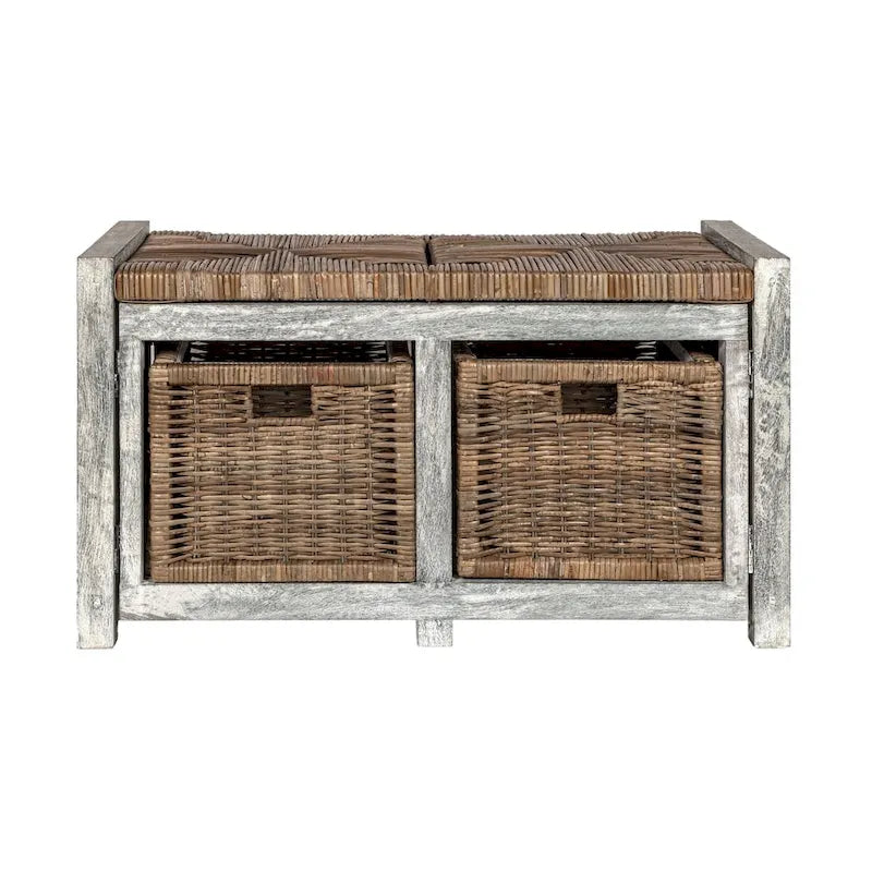 happimess Rustic 30  2 Drawer Wicker Storage Bench, Gray