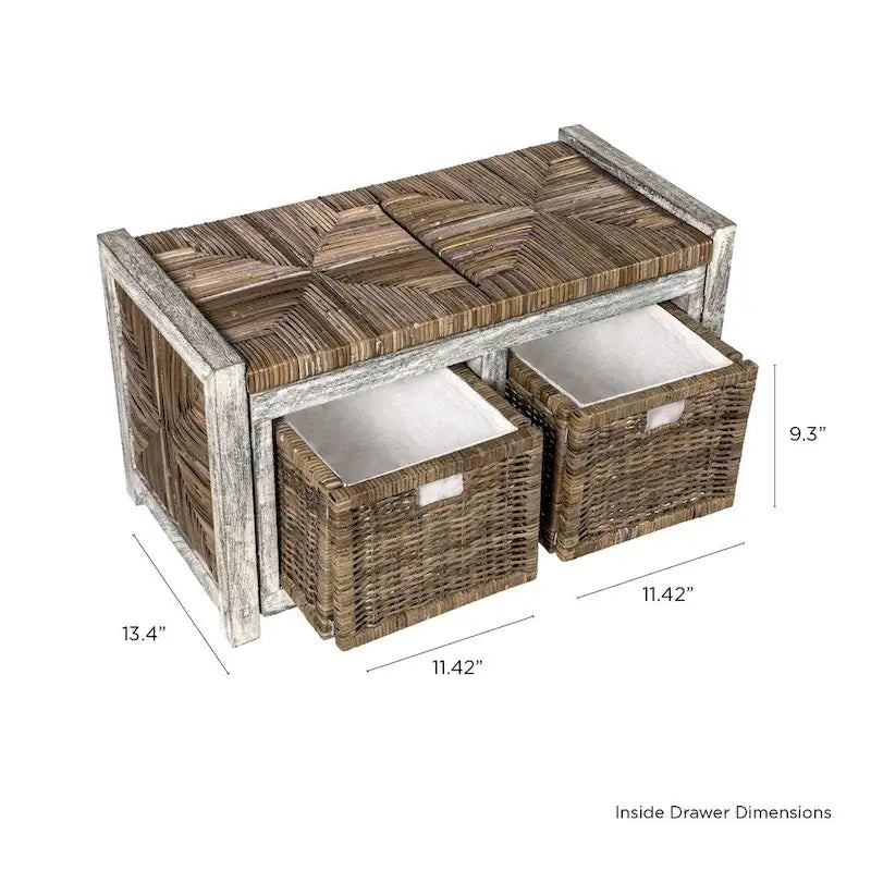 happimess Rustic 30  2 Drawer Wicker Storage Bench, Gray