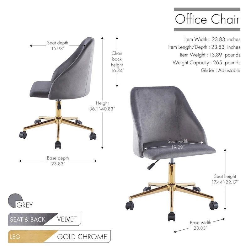 Porthos Home Ryo Swivel Office Chair, Velvet, Gold Chrome Legs