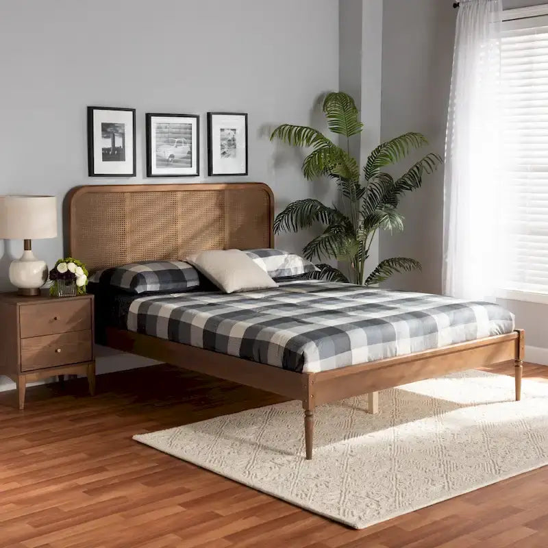 Elston Mid-Century Modern Synthetic Rattan Wood Platform Bed -Walnut