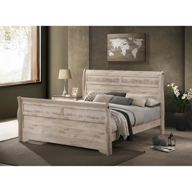 Roundhill Furniture Imerland Contemporary White Wash Finish Bedroom Set with Sleigh Bed, Dresser, Mirror, Two Nightstands