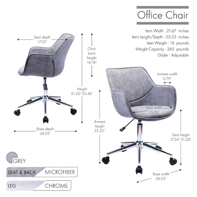 Porthos Home Xen Adjustable Office Chair, Microfiber, Chrome Base