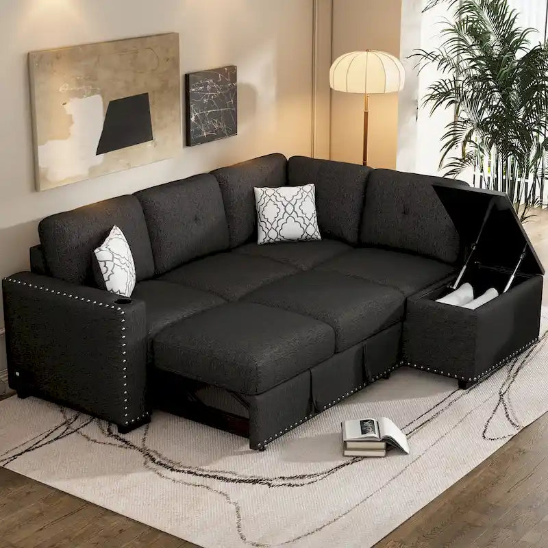 83.8  Sectional Pull-Out Sofa Bed L-Shaped Corner Sofa Couch with Storage Chaise, USB Ports, Power Sockets, Cup Holder for Livin