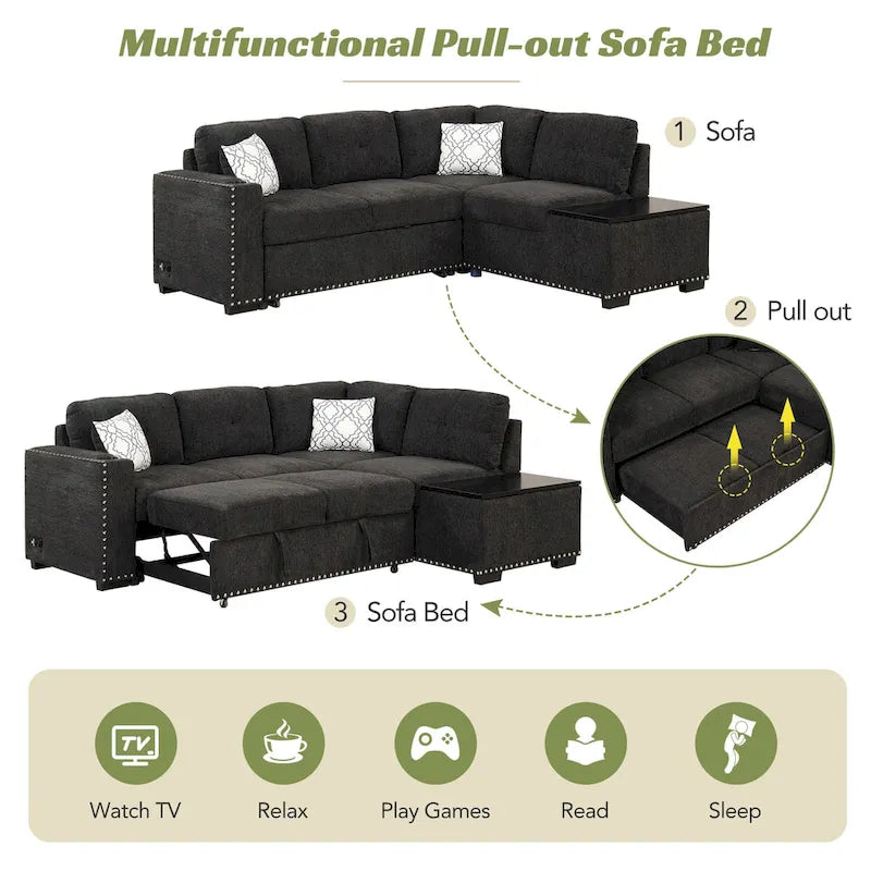 83.8  Sectional Pull-Out Sofa Bed L-Shaped Corner Sofa Couch with Storage Chaise, USB Ports, Power Sockets, Cup Holder for Livin