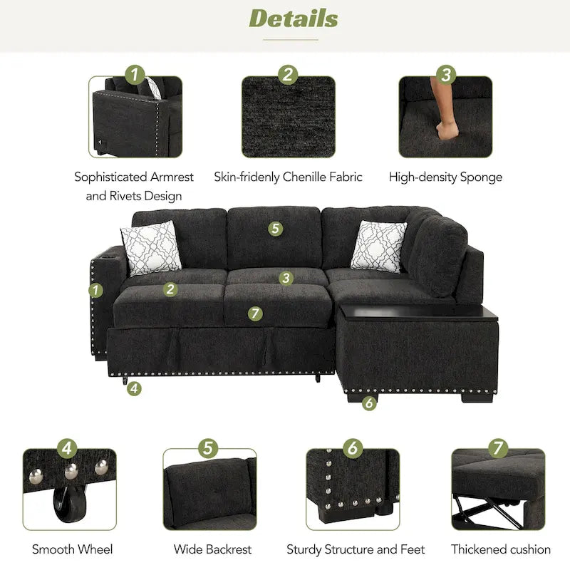 83.8  Sectional Pull-Out Sofa Bed L-Shaped Corner Sofa Couch with Storage Chaise, USB Ports, Power Sockets, Cup Holder for Livin