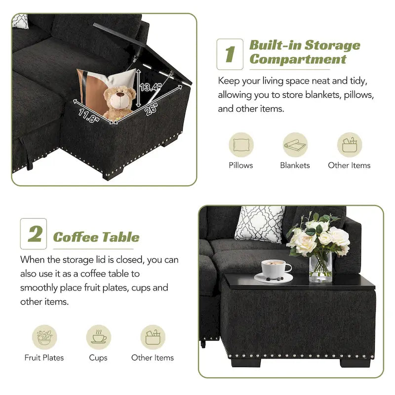 83.8  Sectional Pull-Out Sofa Bed L-Shaped Corner Sofa Couch with Storage Chaise, USB Ports, Power Sockets, Cup Holder for Livin