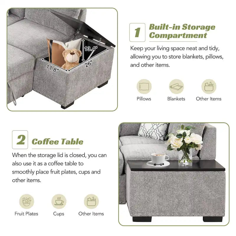 83.8  Sectional Pull-Out Sofa Bed L-Shaped Corner Sofa Couch with Storage Chaise, USB Ports, Power Sockets, Cup Holder for Livin