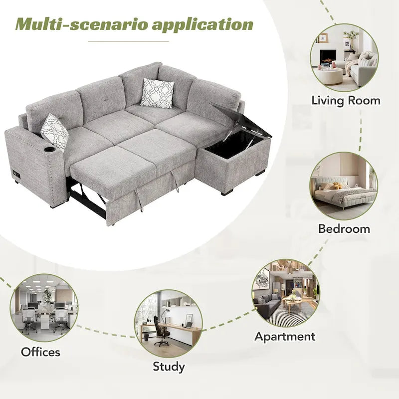 83.8  Sectional Pull-Out Sofa Bed L-Shaped Corner Sofa Couch with Storage Chaise, USB Ports, Power Sockets, Cup Holder for Livin