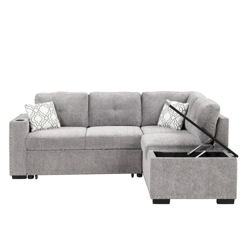 83.8  Sectional Pull-Out Sofa Bed L-Shaped Corner Sofa Couch with Storage Chaise, USB Ports, Power Sockets, Cup Holder for Livin