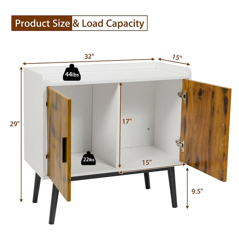 Mid-Century Wood Storage Cabinet with 2 Doors and Metal Legs for Entryway - 32  x 15  x 29  (L x W x H)