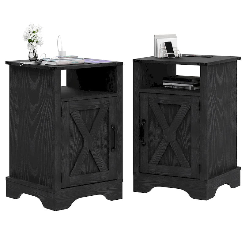 Farmhouse Nightstand with Charging Station and Barn Door (Set of 2)