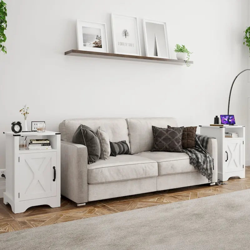 Farmhouse Nightstand with Charging Station and Barn Door (Set of 2)