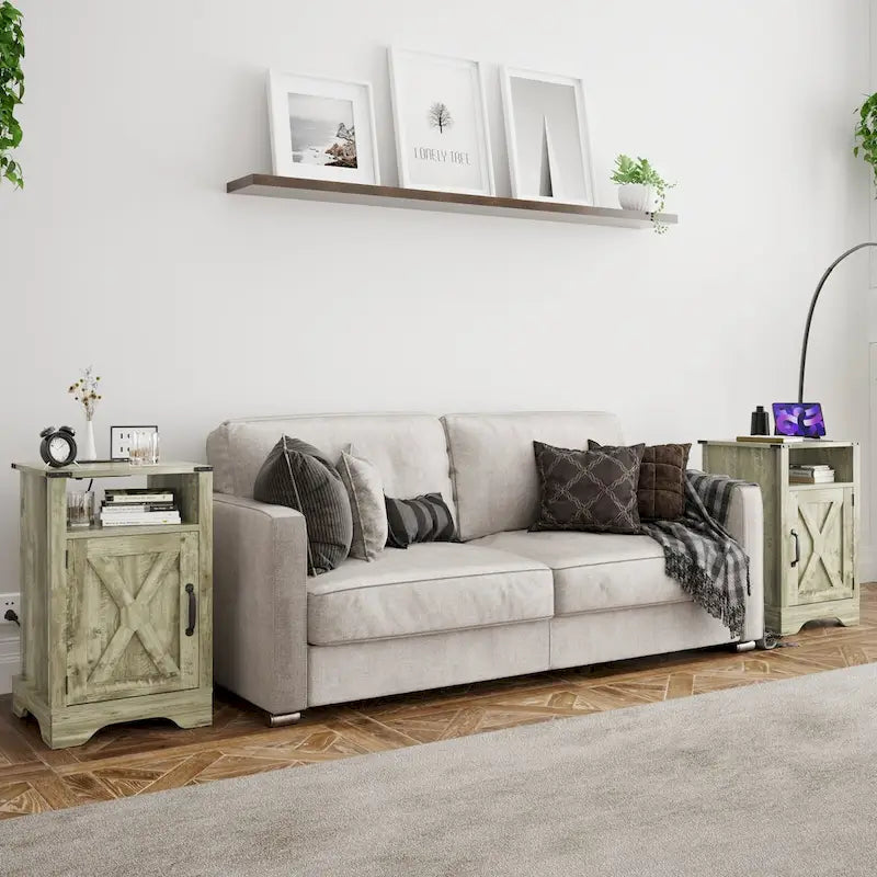 Farmhouse Nightstand with Charging Station and Barn Door (Set of 2)