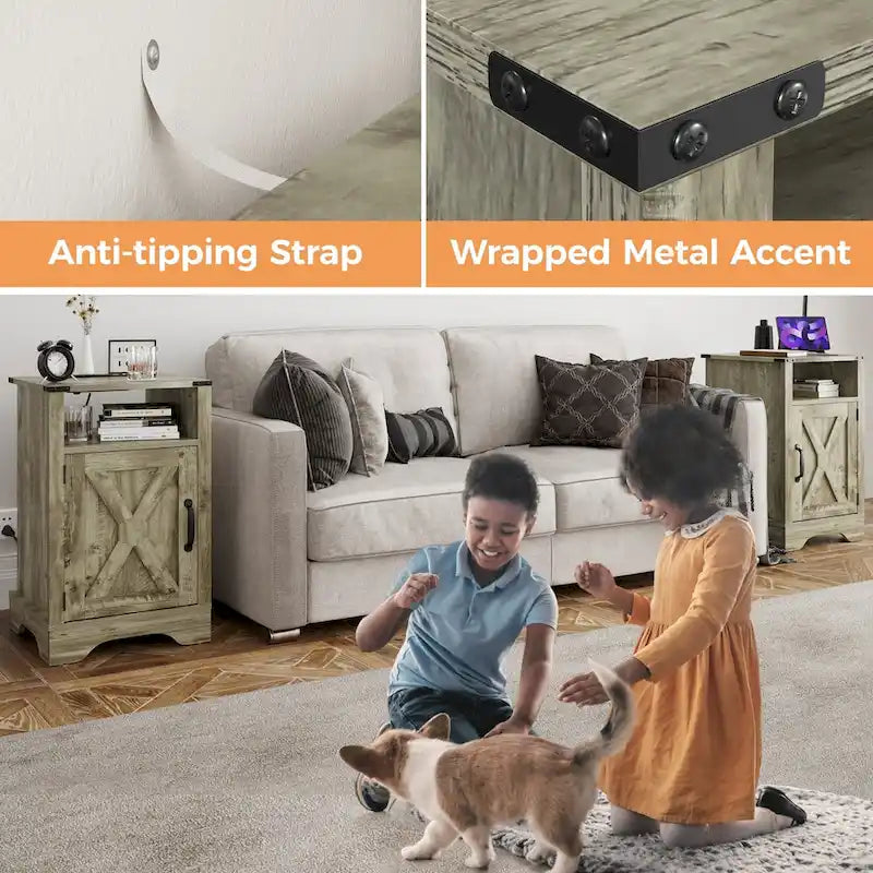 Farmhouse Nightstand with Charging Station and Barn Door (Set of 2)