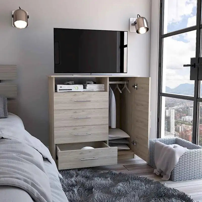 4 Drawer Dresser, Single Door Cabinet, One Open Shelf, Superior Top