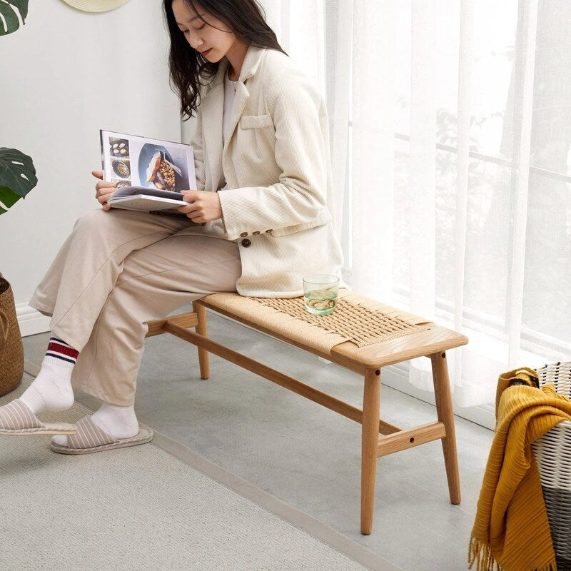 Woven Design Natural Oak Wood Dining Bench, Bed Bench, Entryway Bench, for Dining Room, Bedroom, Bathroom