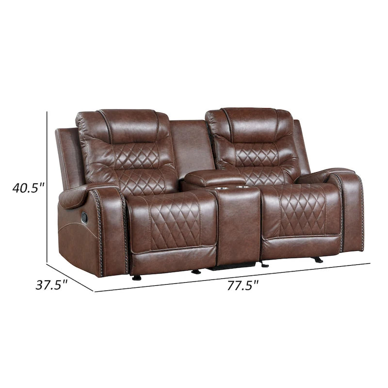 Paul 78 Inch Manual Recliner Loveseat, Cupholder Console Brown Faux Leather