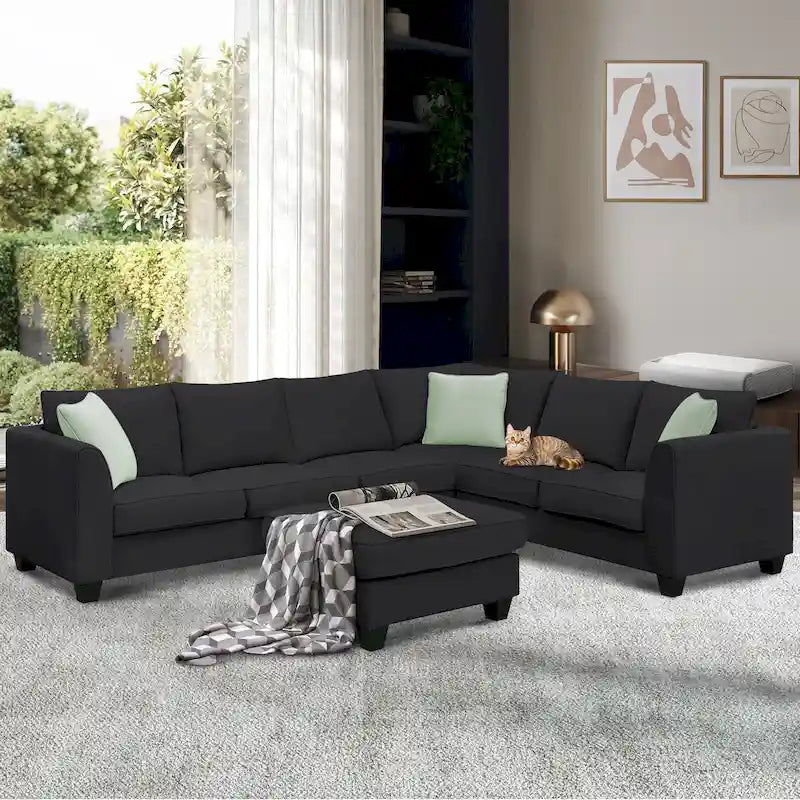 112*87  Sectional Sofa Couche Living Room Sets,7 Seats Sectional Sofa with Ottoman, L Shape Sofa Corner Couch Set with 3 Pillows