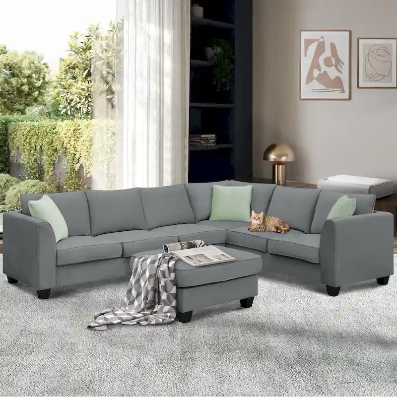 112*87  Sectional Sofa Couche Living Room Sets,7 Seats Sectional Sofa with Ottoman, L Shape Sofa Corner Couch Set with 3 Pillows