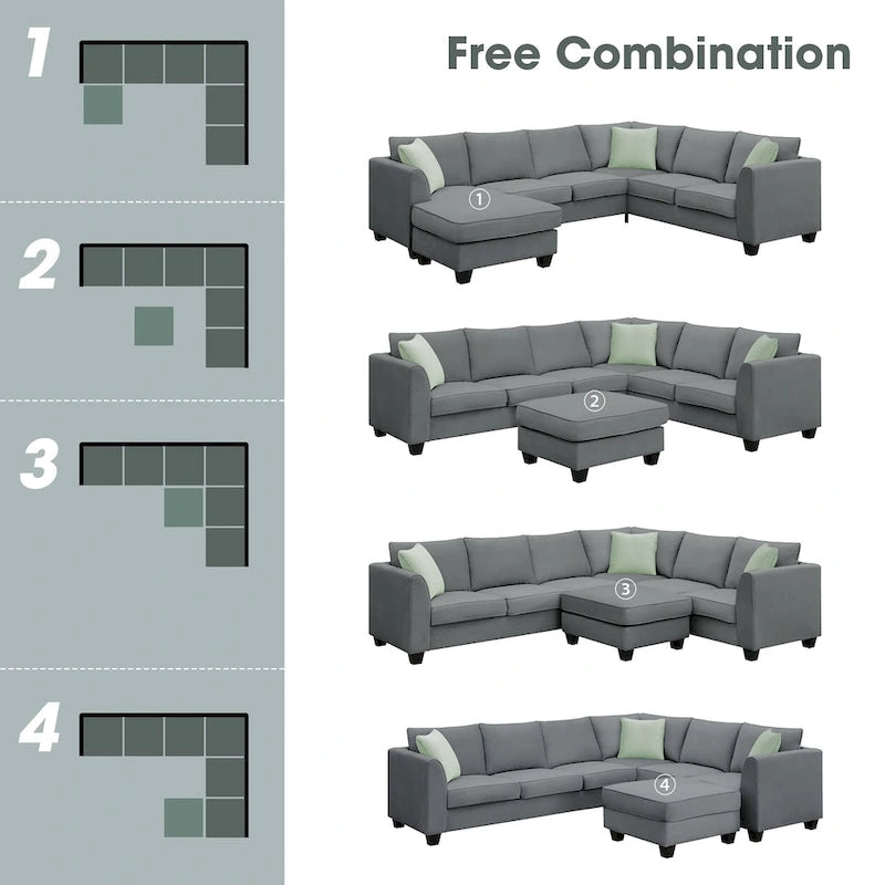 112*87  Sectional Sofa Couche Living Room Sets,7 Seats Sectional Sofa with Ottoman, L Shape Sofa Corner Couch Set with 3 Pillows