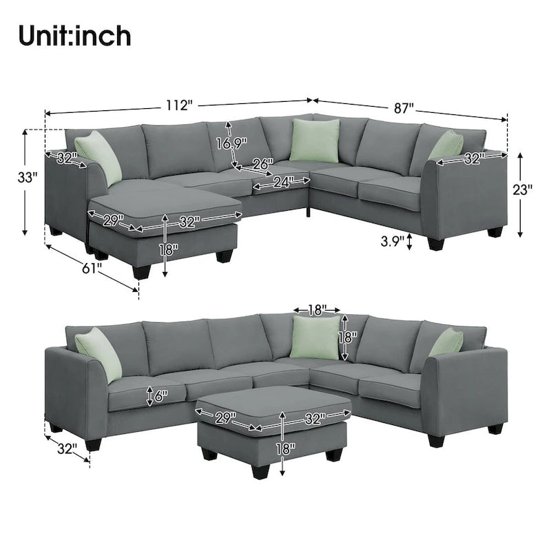 112*87  Sectional Sofa Couche Living Room Sets,7 Seats Sectional Sofa with Ottoman, L Shape Sofa Corner Couch Set with 3 Pillows