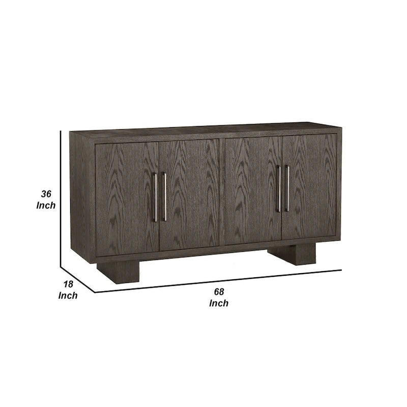 Mod 68 Inch Sideboard Buffet Cabinet, Rubberwood, Grain Details, Ash Gray