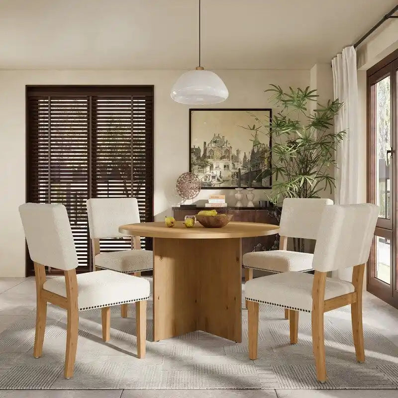 5-Piece Round Dining Table Set Pedestal Kitchen Table Set with 4 Upholstered Dining Chairs for Studio, Apartment, Small Places
