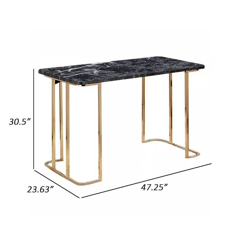 Jenny 47 Inch Desk, USB Power Outlet, Gold Metal Legs, Black Faux Marble