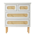 COZAYH Wicker Rattan Chest of Drawers, 4-Drawer Dresser, White Finish Wooden Storage Cabinet, Boho Mid-Century Coastal Sideboard