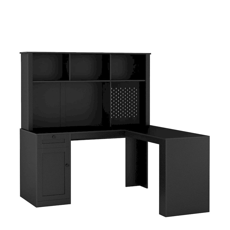 L Shaped Desk with outlet, Computer Desk with Drawers, Bookshelf & Hutch, Modern Corner Desk, Home Office Desk
