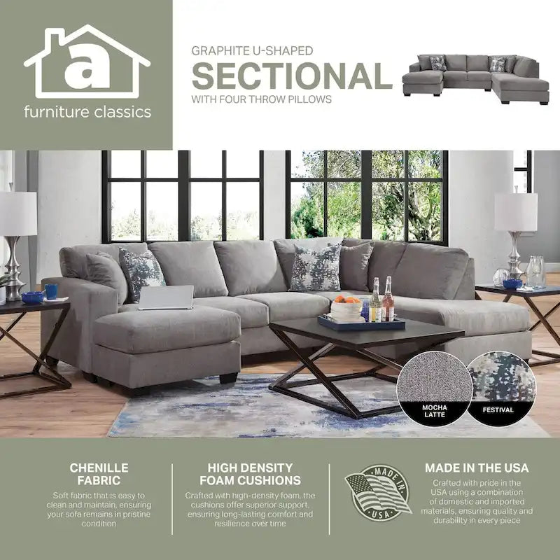 American Furniture Classics Graphite Model A414V6-K2 U Shaped Sectional with 4 Throw Pillows